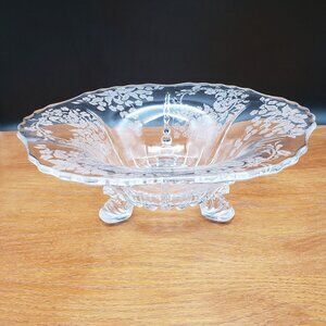 New Martinsville Flower Basket Etched Glass 3-Toed Bowl 10.5"